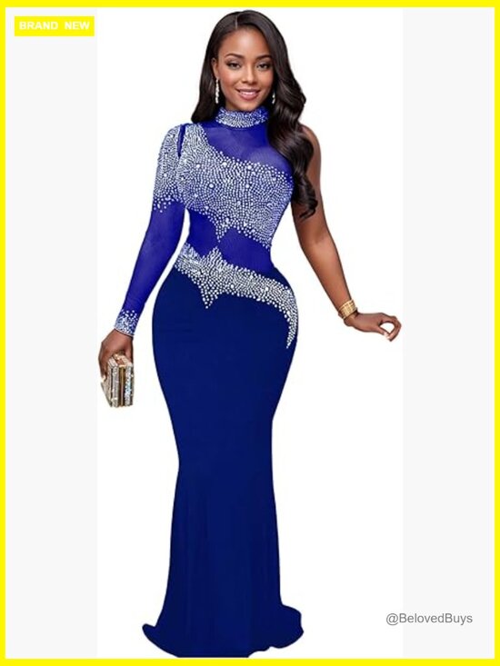 Dresses & Skirts - Rhinestone Sequin Maxi Dress Long Sleeve Bodycon Formal Club Night Out